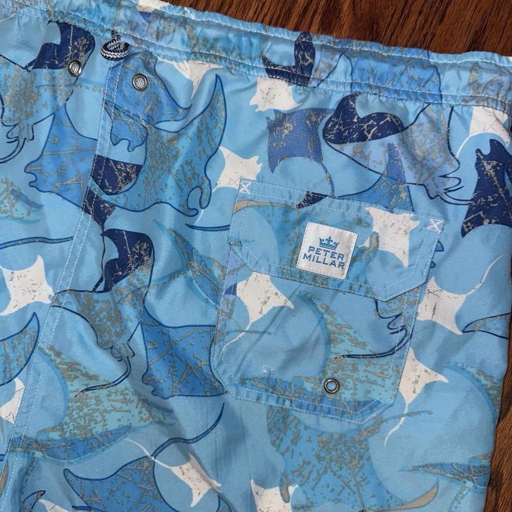 Peter Millar Lined Swim Trunks Blue Stingrays Mens XL‎ Drawstring Pockets 8"